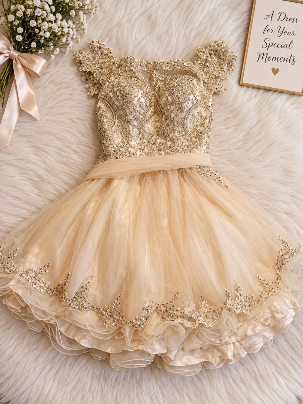 Ivory-Gold Sequin Tulle Girls'/teen Formal Dress with Cap Sleeves